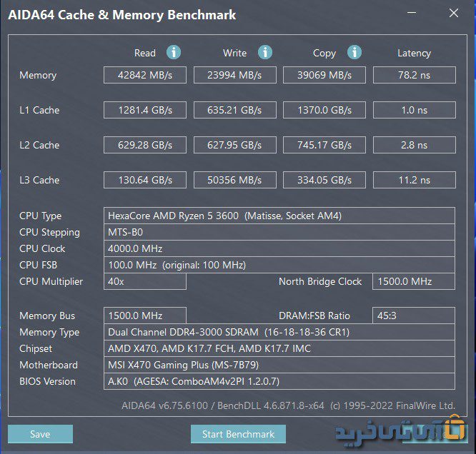 بنچمارک AIDA 64 حافظه رم فدک H3 2x8GB DDR4 3000 مگاهرتز