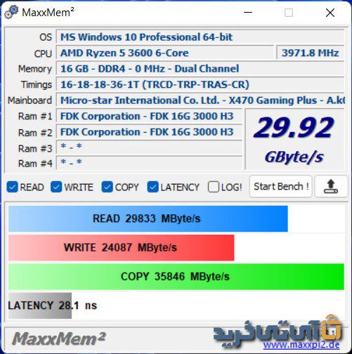 بنچمارک MAXXMEM حافظه رم فدک H3 2x8GB DDR4 3000 مگاهرتز